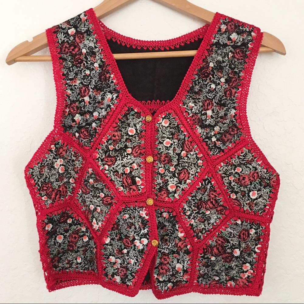 Screen print leather patchwork crochet vest boho